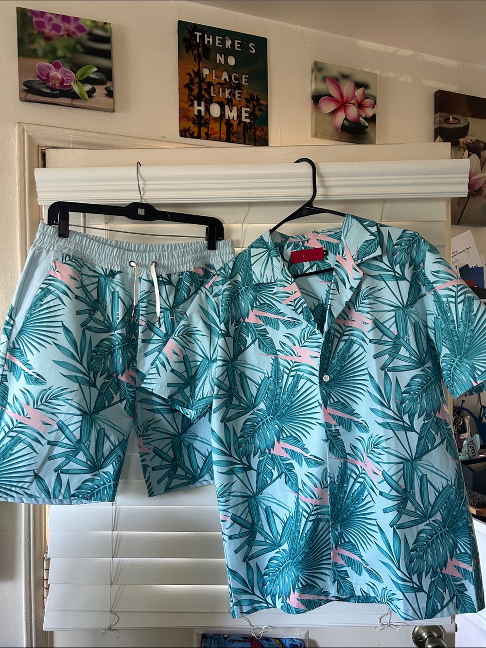 VIE+RICHE Tropical Teal Leaf Button-Up Shirt & Reversible Shorts